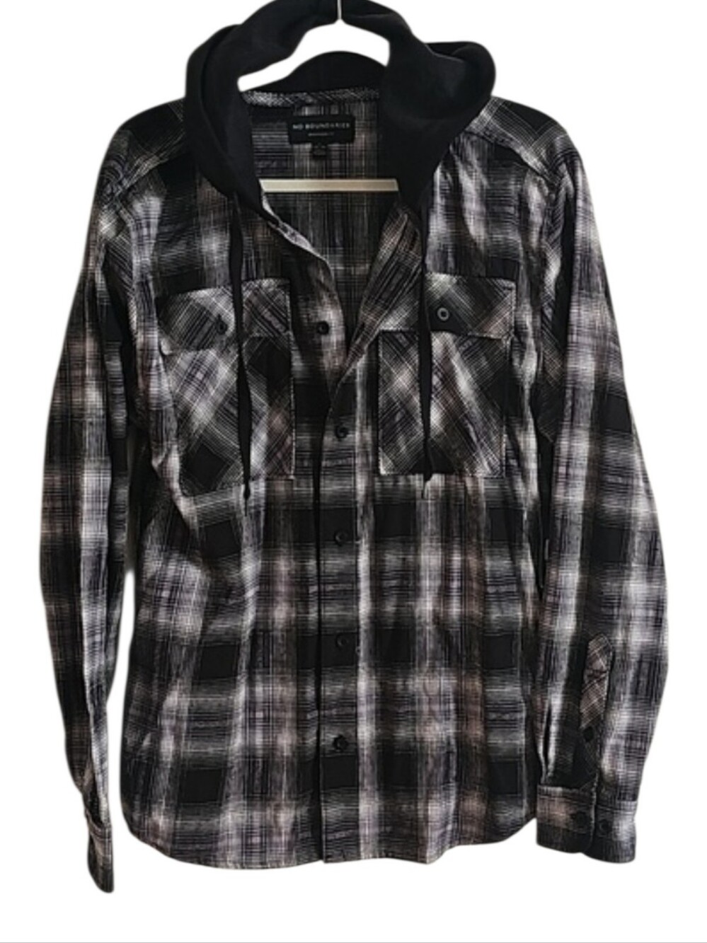 New No Boundaries Men's Plaid Hooded Flannel Shacket Black Gray NWT Size SM